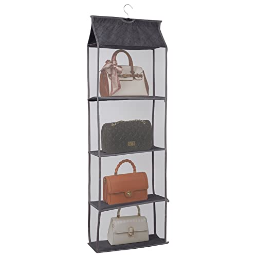 SAVORLIVING Hängende Handtasche Veranstalter, 4 Mesh Regale hängende Handtasche Geldbörse Veranstalter, atmungsaktiv Mesh Handtasche Lagerung Kleiderbügel für Kleiderschrank Schrank (Grey) Cover