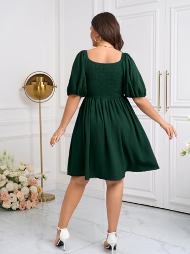Image of SCOMCHIC Women's Plus Size Dresses Puff Short Sleeve Square Neck Smocked Pleated Casual Summer Mini Babydoll Dress