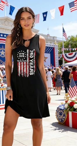 Image of AIMITAG American Flag Tank Dresses for Women USA Flag Stars and Stripes Patriotic July 4th Keyhole Neckline Beach Sundress