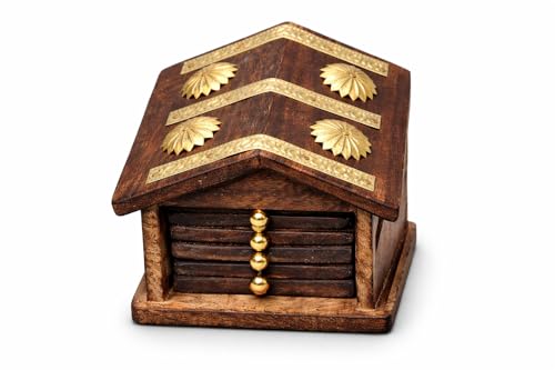 Image of Oaklyn Handmade Wooden Hut Style Coaster Set with Holder for Tea & Coffee | Hot & Cold Drink Coasters for Dining Table & Home Decor