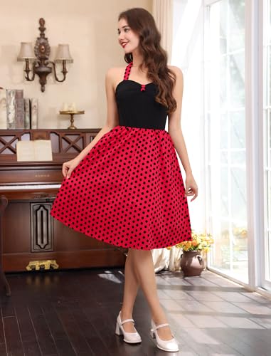 Image of 50s Dresses for Women Vintage 1950s Halter Retro Cocktail Dress 50s Polka Dot Pinup Rockabilly Audrey Hepburn Tea Party Dress