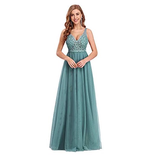 Ever-Pretty A-línea Apliques Vestido de Noche Tul Cuello en V Largo para Mujer Cielo Azul Oscuro 42