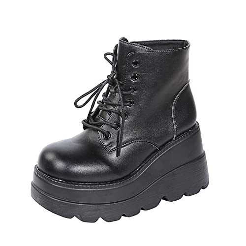 Botines Militares con Plataforma para Mujer Tacón De Cuña con Cordones Botas De Combate Góticas,Black Matte,38 EU Cover