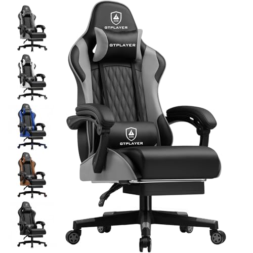 GTPLAYER Gaming Stuhl - Ergonomischer Bürosessel mit Verstellbarer Lordosen-/Kopfstütze & Fußstütze, 150 kg Belastbarkeit, Grau | Gaming Chair, PC Stuhl, Schreibtischstuhl