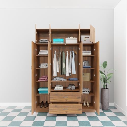 Image of VIKI Wardrobe | Wooden Almirah for Clothes,Door for Bedroom with Loft, 4 Door Wardrobe with Drawer, Mirror & Hanging Space (Brussel Walnut - 40D x 160W x 220H) | 1 Year Warranty | Free Assembly