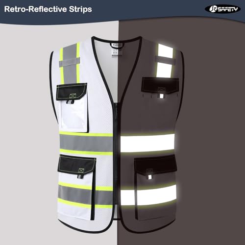 Image of JKSafety Hi Vis Reflective Safety Vests for Men Women High Visibility Vest with Pockets Mesh Fabric Construction Safety Apparel Neon Vest for Work (220-White S)