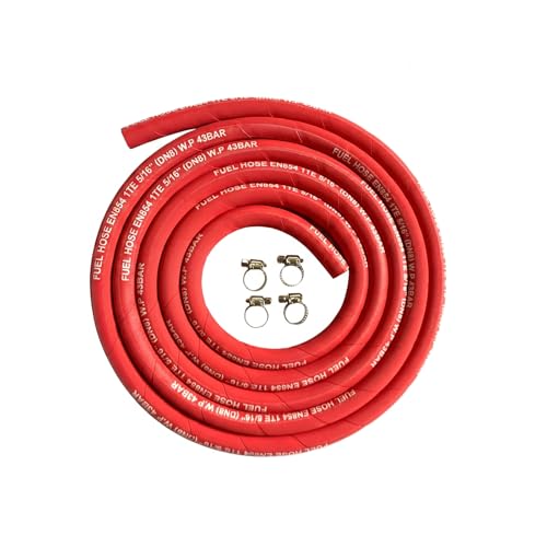 Image of 15FT Fuel Line Hose 5 /16 inch inch, 5AN 8mm High Pressure Hose 2.8Mpa 400PSI for Fuel Systems Engines Tube Hose Multiple Size Options,Implementation Standards:EN854,Red (Attached Hose Clamp)