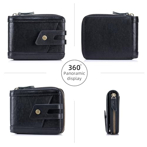 Image of Genuine Leather Wallets for Men with Zipper RFID Blocking Large Capacity Classic Mens Wallet with Coin Pocket ID Window, Black