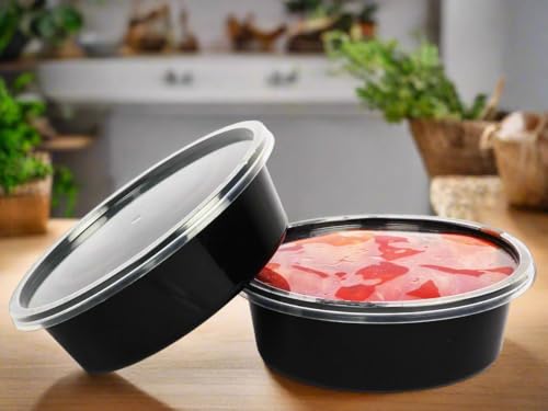 HOT BARGAINS 50 X 250ml Heavy Duty Round Food Containers with Lids – Black, BPA Free, Microwave & Freezer Safe, Leak-Proof Takeaway Storage (50, 250ml)