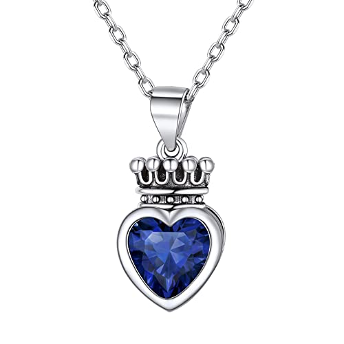 ChicSilver 925 Sterling Silver Princess Queen Crown Necklace for Women September Birthstone Jewelry Created Sapphire Crystal Heart Necklace Valentine's Day Birthday Gift for Her