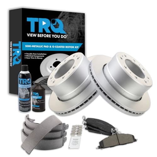 Image of TRQ Rear Brake Pad & Rotor Kit, with Chemical Kit Parking Brake Shoe Set Semi-Metallic Premium G-Coated Compatible with 2009-2010 Dodge Ram 2500, 3500 2011-2018 Ram 2500 3500