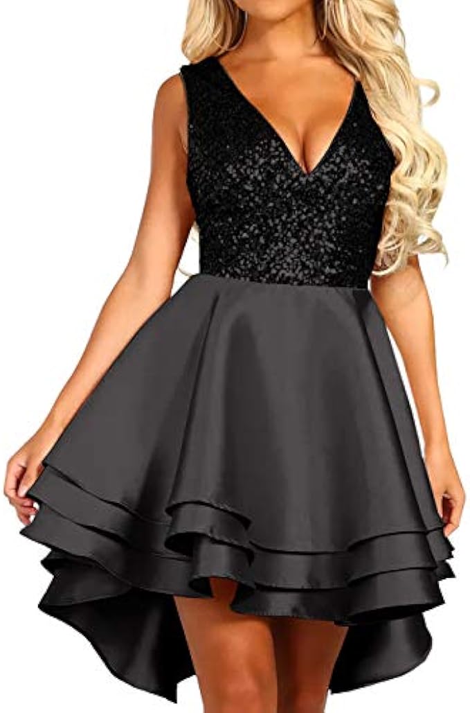 Lrady Women's Sequin Glitter V Neck Skater Mini Club Cocktail Party Swing Dress