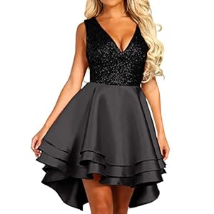 Lrady Women's Sequin Glitter V Neck Skater Mini Club Cocktail Party Swing Dress, Black, Medium