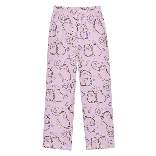 Cute Capybara with Hearts Pink Cute Pajama Pants, Soft Sleepwear Lounge Pants Pajama Pj Bottoms for 6-14 Years