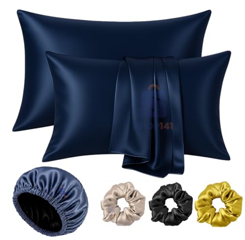 Image of Satin Silk Pillow Cover for Hair and Skin 2 Piece with 3 Piece Satin Silk Scrunchies | 1 Silk Hair Band Free Solid Pillow Covers with Envelope Closure (Rose Taupe) (Blue + Cap)