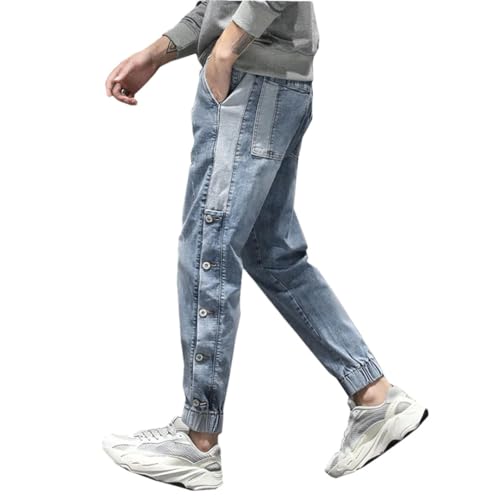Men Oversized Joggers Pants Stretch Light Blue Side Rivets Loose Fit Tapered Patchwork Harem Jeans