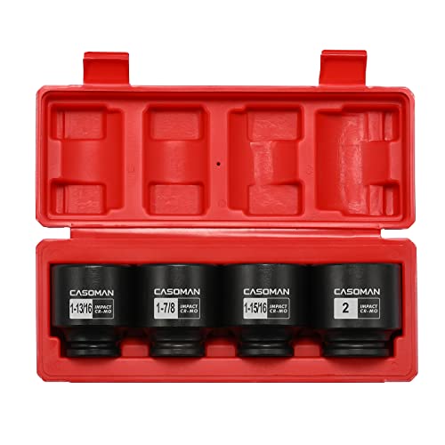 CASOMAN 1/2 Drive Spindle Axle Nut Impact Socket Set 6 Point CR-MO 1-13/16 1-7/8 1-15/16 2 inch 4PC 1/2-Inch Impact Socket Set Heavy Duty Use In Removing And Installing Axle Nuts