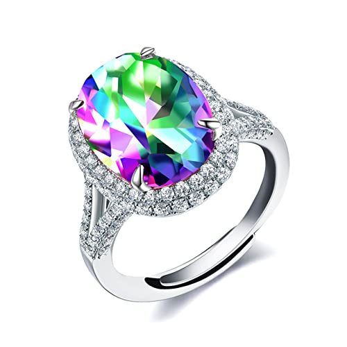 Uloveido Platinum Plated Big Stone Oval Engagement Promise Rings, Multicolor CZ Crystal Split Shank...