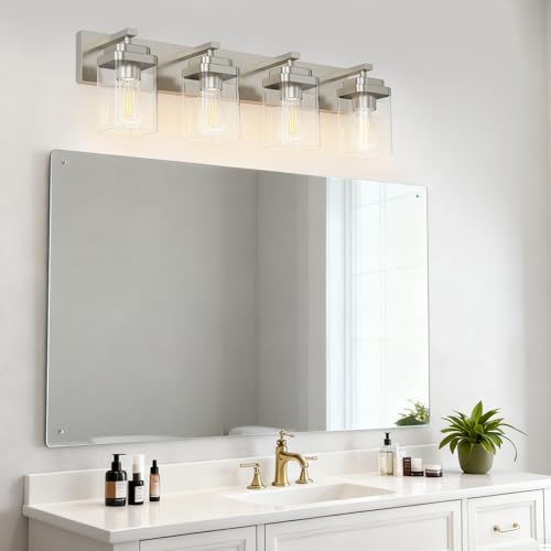 Image of Brushed Nickel Bathroom Light Fixtures, 4 Lights Bathroom Lighting Fixtures Over Mirror, Square Design & Rectangle Large Backplate, Modern Vanity Lighting Fixtures, for Living Room /Bedroom