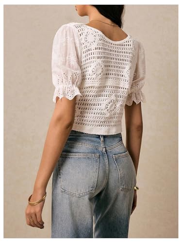 MakeMeChic Women's Floral Crochet Crop Sweater Eyelet Embroidery Puff Sleeve Button Down Cardigan2