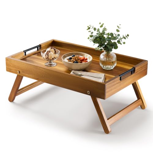 Image of INSAGO Extra Large 22 inchx14 inch Folding Breakfast in Bed Tray with Legs, Handles | Bed Trays For Eating With Non-Wobble Legs, No Assembly Required, Raised Edges And Secure Metal Grips For Laptop, Sofa & Meals