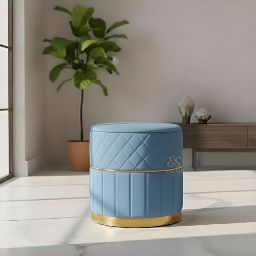 Image of Set of 2 Round Velvet Ottoman Footstool Gold Base - Tufted Upholstered Pouffe Stool for Living Room, Bedroom & Dressing Area (Sky Blue)