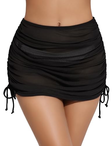 Lecieldusoir Womens Swimsuit Cover Up Skirt Black Sarong Swimsuit Skirt Drawstring Ruched Bikini Pareo for Swimwear