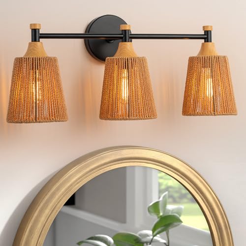 FIYUEOYI Bathroom Light Fixtures, Boho 3 Light Bathroom Vanity Light Over Mirror with Rattan Woven Wicker Lampshade Rustic Wall Sconce Lighting for Bedroom Kitchen Hallway