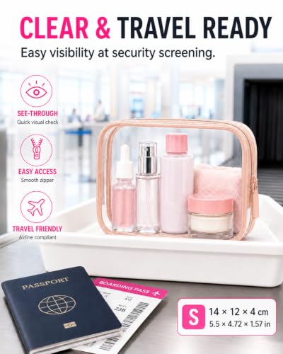 Image of LETGO Clear Toiletry Bag, 4 Packs TSA Approved Water resistant Quart Size Travel Organizer, Airport Airline Travel Essential Carry On Makeup Cosmetic Bags for Women (Light Pink, Pack of 4)