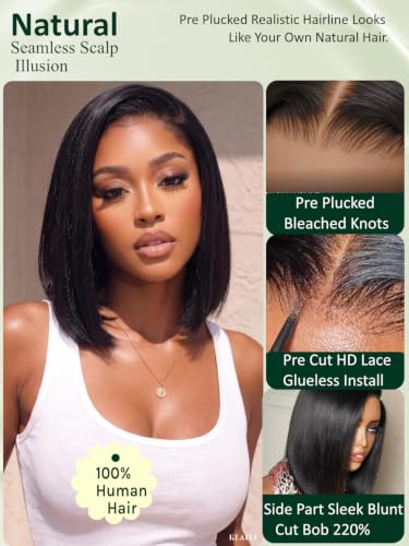 Image of KLAIYI Bye Bye Slip Straight Bob Wigs Human Hair Side Part Glueless Precut 6x4 Lace Front Wigs Drawstring Pre Plucked Bleached Knots Sleek Blunt Cut 30S Ready to Wear and Go Wig 220% Density 12Inch