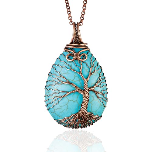 Handmade tree of life turquoise pendant necklace - Unique copper jewelry for women and men Anniversary present Birthday gift ideas for her and him Spiritual gifts for wife mom sister girlfriend mother