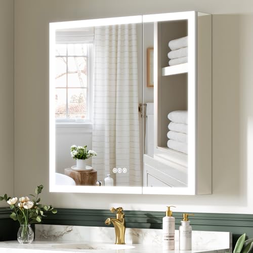 TIFULLHOME 30x30 Inch Medicine Cabinet with Lights, AL Alloy Frame, Plug-in or Hardwired, Recessed or Wall Mount, Mirror Doors/3 Colors/Dimmable/Interior Sensor Light/Defog,2 Outlets & USBs,2 Shelves