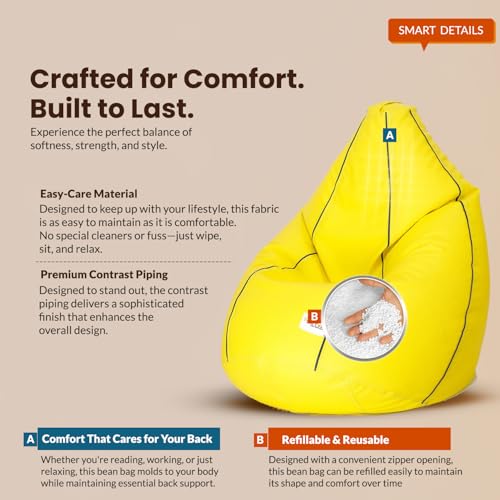 Image of Sattva Classic 3XL Bean Bag Chair with Beans Filled | Faux Leather Sofa Style Beanbags with Filled Beans | Bin Bags Sofa & Beam Bag for Adults, Home & Office - Yellow with Navy Blue Piping