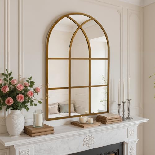 Image of Arched Window pane Wall Mirror 24 inchx36 inch, Window Shaped Farmhouse Style with Aluminum Frame, Decorative Wall Mirror Leaning Hanging for Living Room, Courtyard, Bedroom, Entryway, Bronze