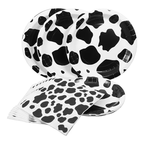 HEATSHAKING 農場牛柄ペーパーテーブルウェア 軽量使い捨てパーティー用紙皿 ナプキン 誕生日飾り付けに キッチン カフェ レストラン対応 牛テ