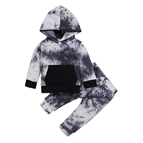 HEQU Toddler Baby Boy 2pcs Pants Sets Ribbed Tie Dye Long Sleeve Hoodie with Pockets and Sweatpants Outfits Clothes(6-9M Black)