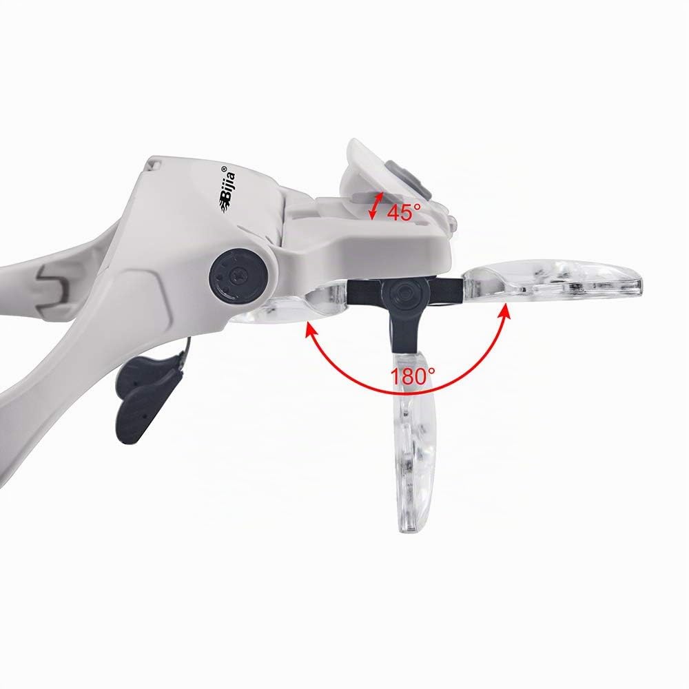 BIJIA Lupenbrille mit 2 LED Licht Hände Frei Kopfband Lupen Standlupe für Hobby, Lesen, Elektriker, Juweliere, Nähen, Reparatur, und ältere Menschen,5 Wechselobjektive(1.0X bis 3.5X)