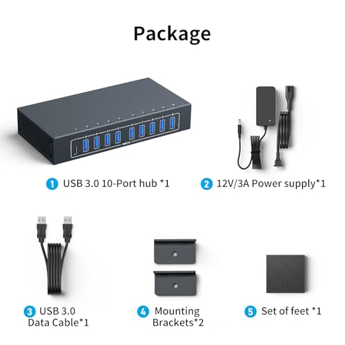 Image of 10 Port Powered USB 3.0 Hub, Industrial Rack Mountable USB Data Hub with 12V /3A Adapter 105W Output ESD Protection, Rugged Metal Case USB Expander Splitter