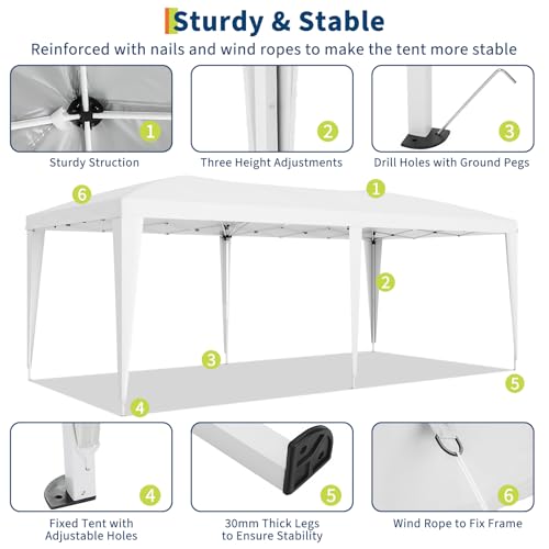 10x20 Heavy Duty Pop Up Canopy Tent with 6 Removable Sidewalls, Easy Up Commercial Canopy Tents for Parties, Large Outdoor Canopies with 3 Adjustable Heights, Stakes X18, Ropes X6,White