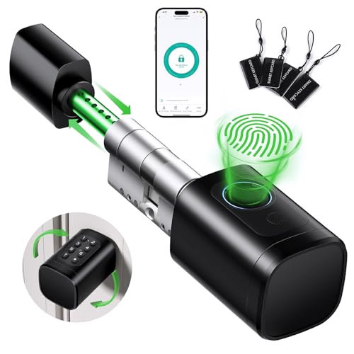 Cerradura inteligente, Cerradura electrónica, Cerraduras inteligentes para puertas, Smart lock cilindro ajustable 60-90 mm(30/30,45/45) con RFID, App, huella dactilar, botón y llave para desbloquear