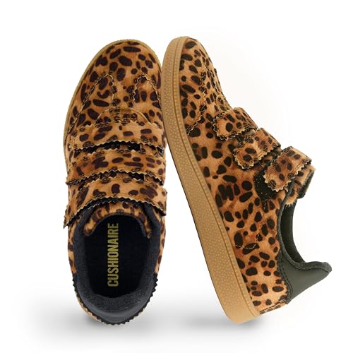 CUSHIONAIRE Bastion Vegan Hair Calf Leopard Print Casual Hook and Loop Closure Womens Sneakers – Lightweight Comfort with Non-Slip Rubber Sole