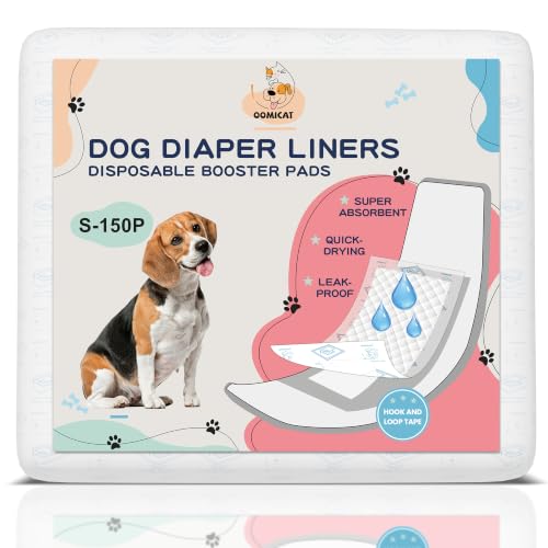 OOMICAT Dog Diapers Liners 150 Ct Super Absorbent Booster Pads for Male Dog Wraps and Female Dog Diapers Lnnovative Hook-and-Loop Tape Design Super-fit & No Shifting Small Dog Diaper Pads