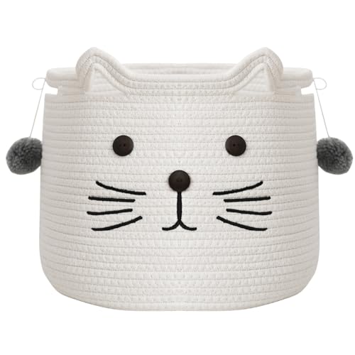 Image of INough Cotton Rope Storage Basket for Laundry & Cat Toys, Large Woven Cat Toy Box with Button Decoration