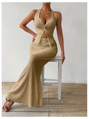 Image of SOLY HUX Women's Two Piece Outfits Twist Front Halter Cami Tops and Skirt Summer Set