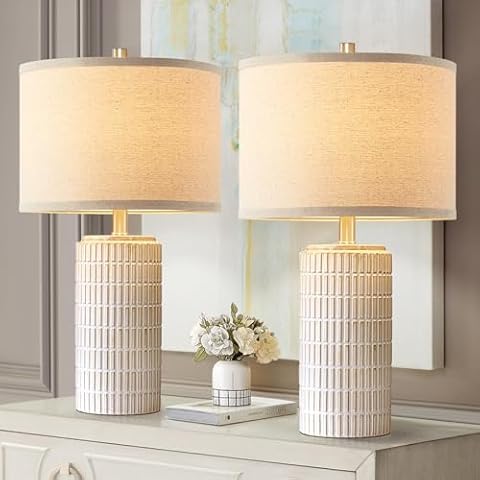 AIEAMPDO 23'' Set of 2 Modern Ceramic Table Lamps for Living Room Bedroom, Nightstand Farmhouse Beige White Desk Lamp for Bedside End Table Entryway Cover