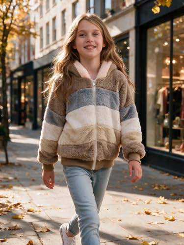 Image of Girls Fleece Jackets Kids Sherpa Fuzzy Zip up Hoodie Fall Winter Contrast color Pullover Sweatshirt 4-12 Years