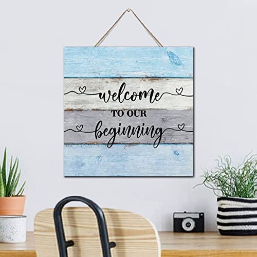 Panneau Welcome To Our Beginning bois rustique pour habiller un mur de salle de bain