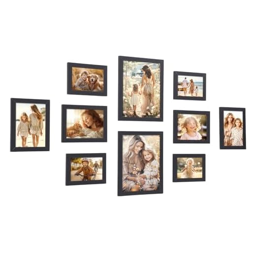 SONGMICS Marcos de fotos, Juego de 10, Dos de 20 x 25 cm, Cuatro de 13 x 18 cm, Cuatro de 10 x 15 cm, MDF, Protección de plástico, Negro Tinta RPF310H