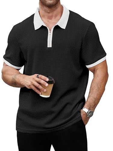 Image of KAJARU Men's Waffle Knit Polo T-Shirt, Short Sleeve, Zip Collar with White Trim (POLO-8034)
