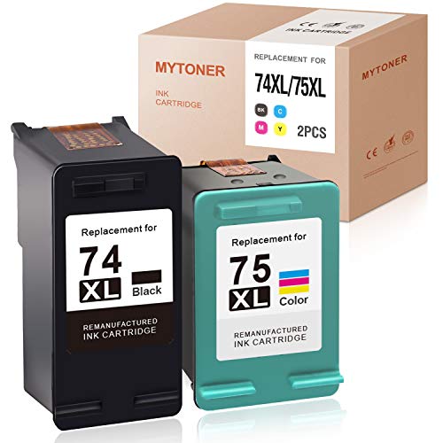 MYTONER Remanufactured Ink Cartridge Replacement for HP 74XL 75XL CB336WN CB338WN Ink for Photosmart C4480 C5280 C4280 C4580 C5580 C5250 DeskJet D4360 D4260 OfficeJet J6480 J5780(1 Black,1 Tri-Color)